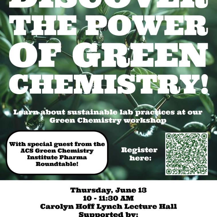 Green background with molecules with words describing Green Chemistry workshop event