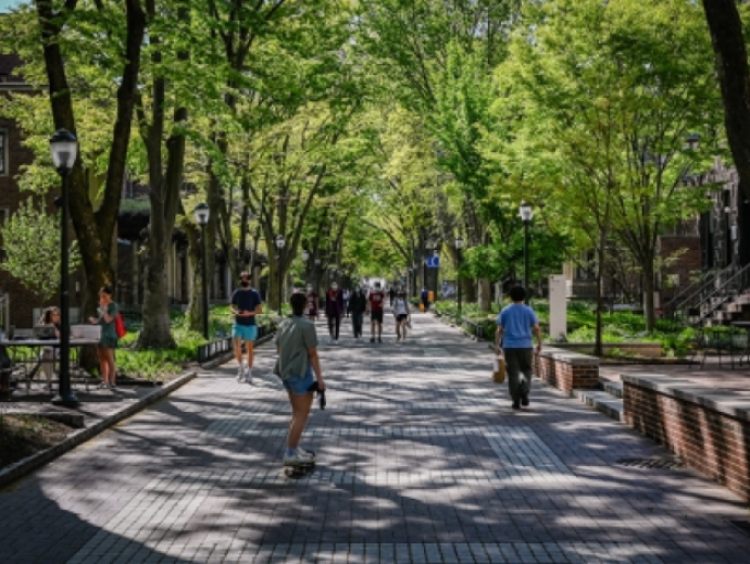 Penn students strolling under green canopy