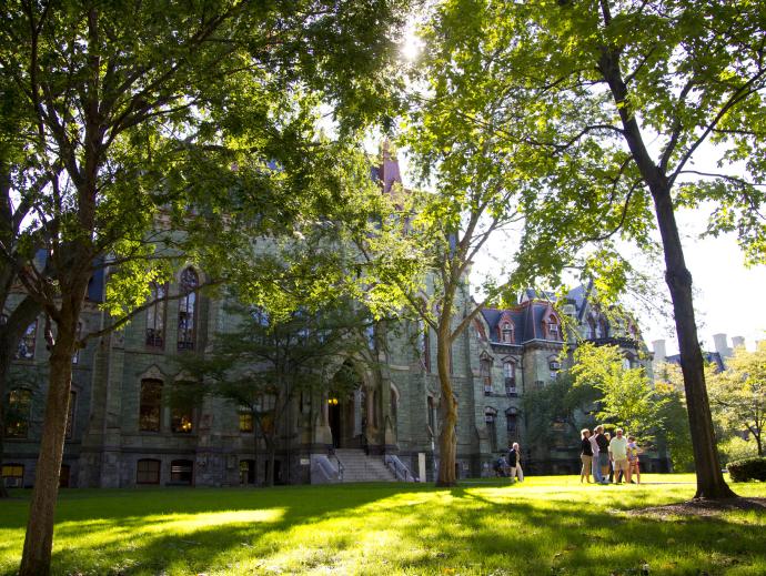 Sun filtering through trees in front of building