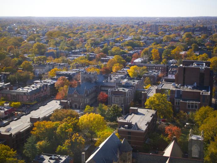 An aerial view of West Philly from Harnwell Hall taken on a fall afternoon