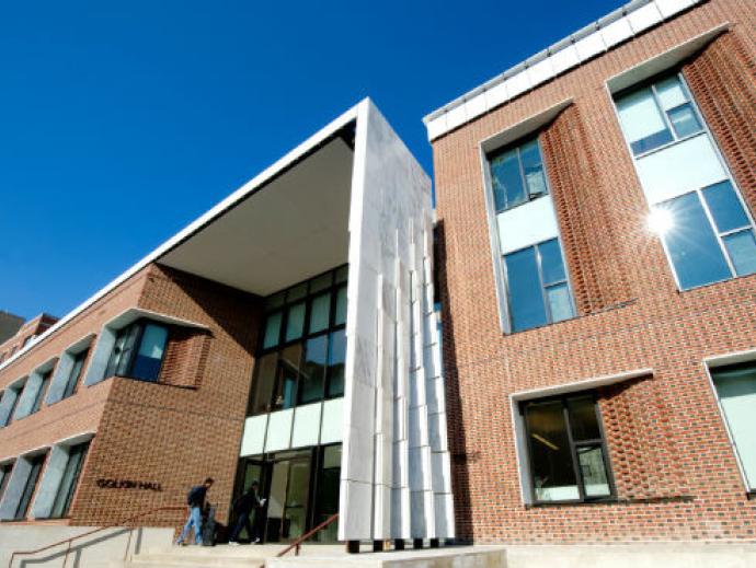 Lower perspective view of entrance to Golkin Hall