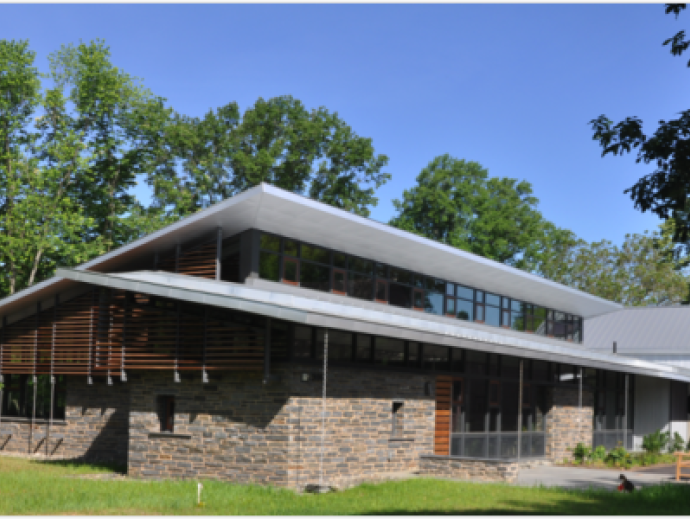 Three quarter view of the horticultural center at Morris Arboretum