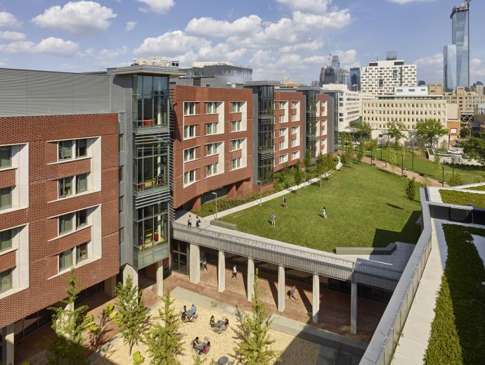 Skyview of the courtyard and field at Lauder