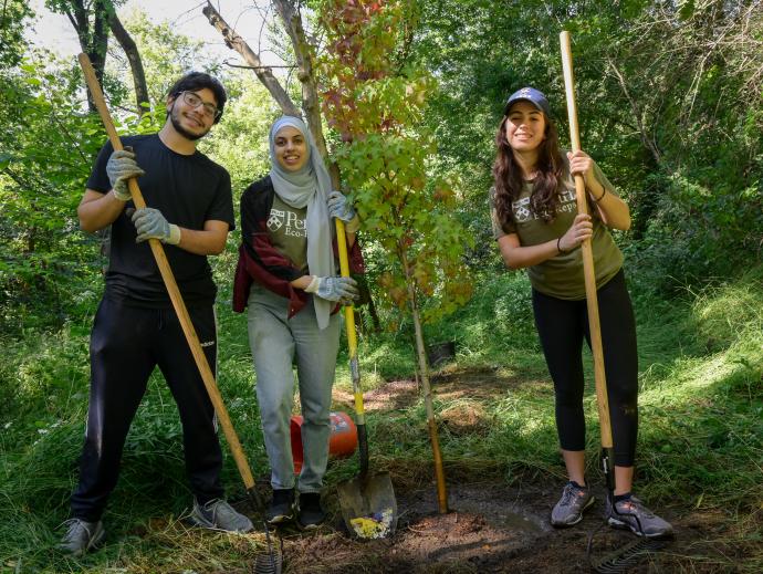 three persons with shovels paused in digging