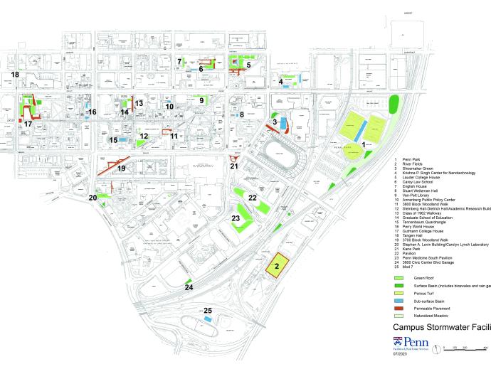 colorful map of stormwater locations on penn's campus