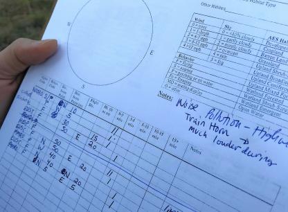 Clipboard with paper recording each bird heard or seen as well as other details about the weather and environmental conditions